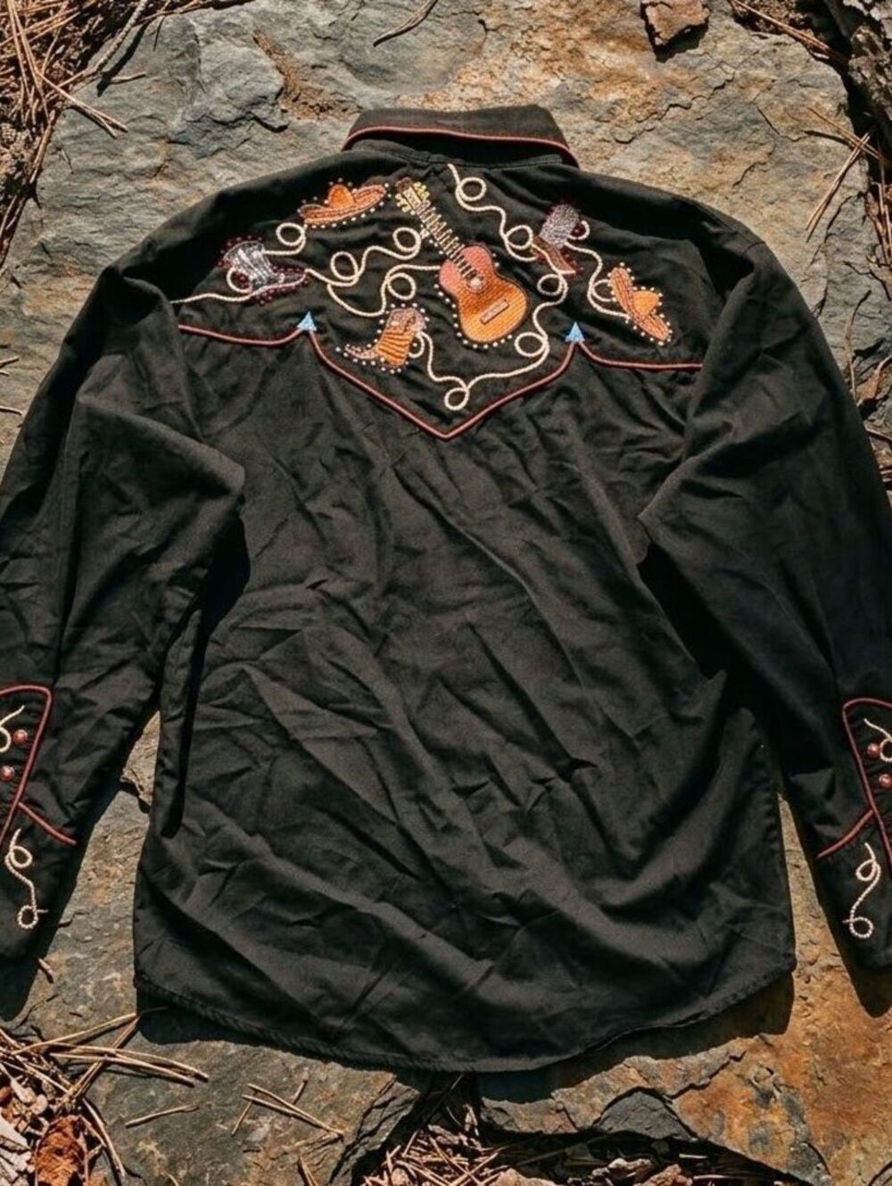 Scully Mens M Black Embroidered Western Pearl Snap Shirt Guitar Westerncore Rare